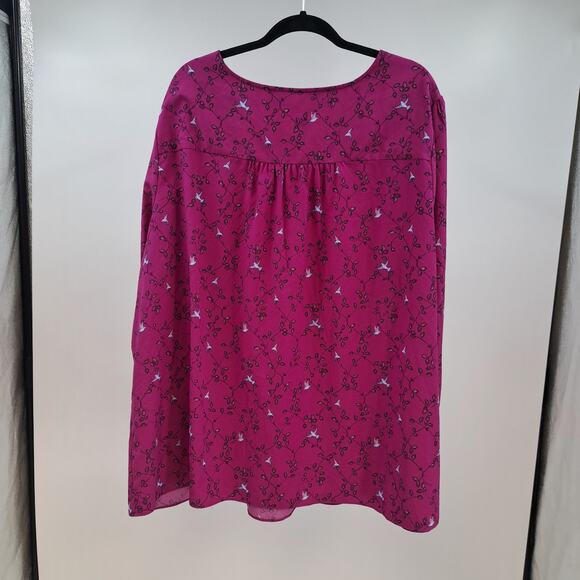 Ava & Viv Blouse Plus 4X Leaf Bird Print Tassel Tie Neck Long Sleeve Fuchsia - Picture 5 of 6